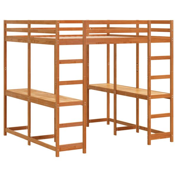 vidaXL Hoogslaper met bureau en ladder grenenhout wasbruin 180x200 cm