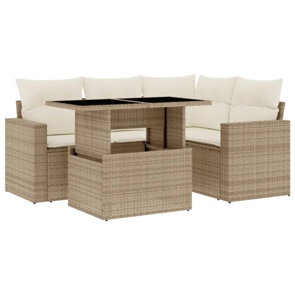 vidaXL 5-delige Loungeset met kussens poly rattan beige