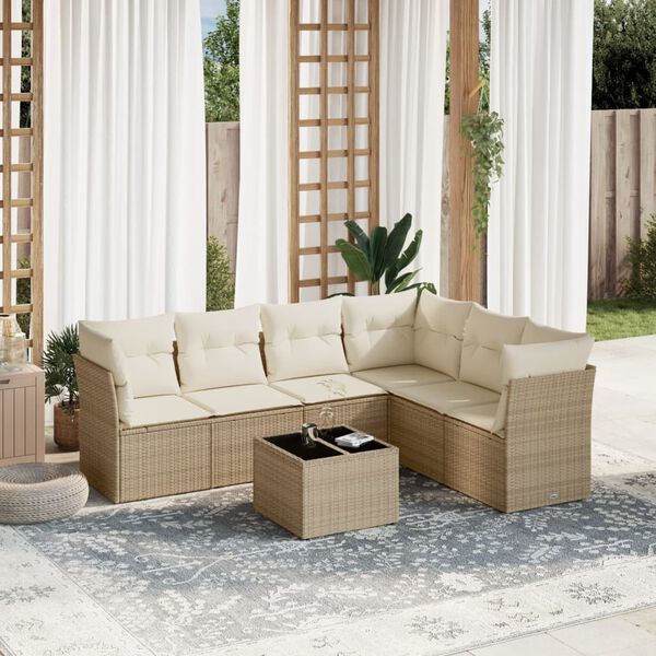 vidaXL 7-delige Loungeset met kussens poly rattan beige