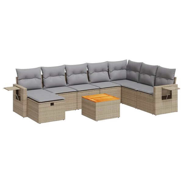 vidaXL 9-delige Loungeset met kussens poly rattan beige