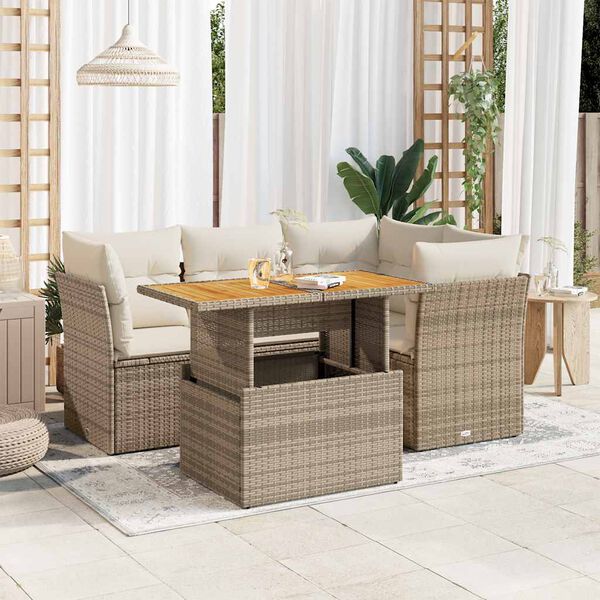 vidaXL 5-delige Loungeset met kussens poly rattan beige