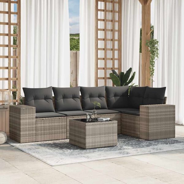 vidaXL 6-delige Loungeset met kussens poly rattan lichtgrijs