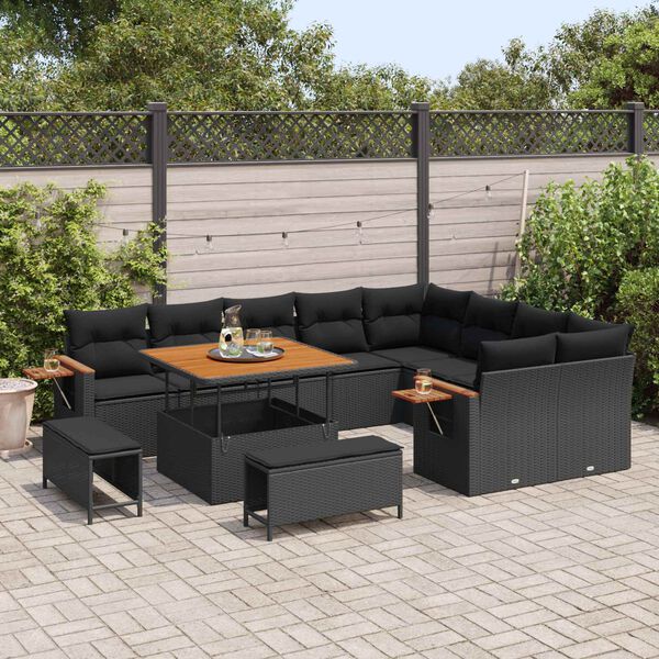 vidaXL Tuinbankenset 12 pcs Zwart Poly rattan en gepoedercoat staal