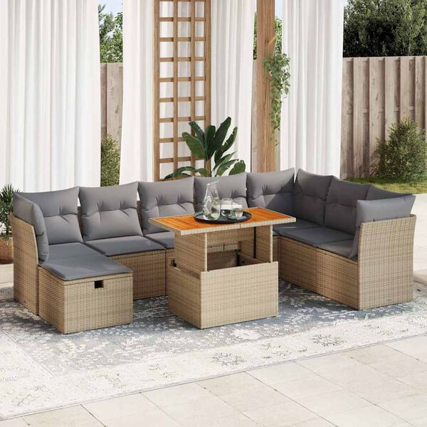 vidaXL 9-delige Loungeset met kussens poly rattan acacia beige
