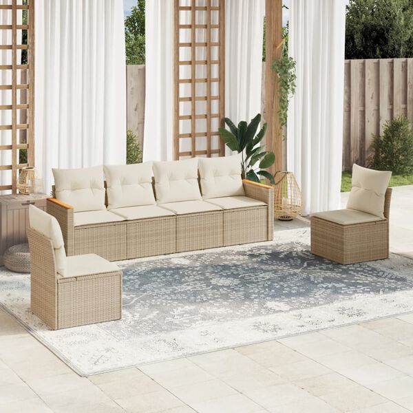 vidaXL 6-delige Loungeset met kussens poly rattan beige