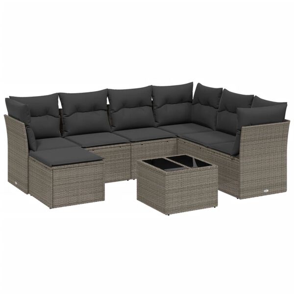 vidaXL 8-delige Loungeset met kussens poly rattan lichtgrijs