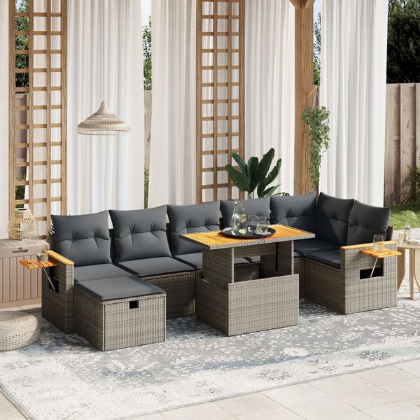 vidaXL 8-delige Loungeset met kussens poly rattan grijs