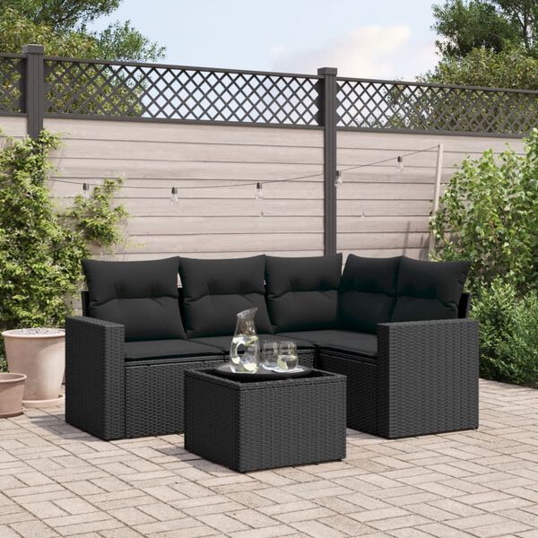 vidaXL 5-delige Loungeset met kussens poly rattan zwart