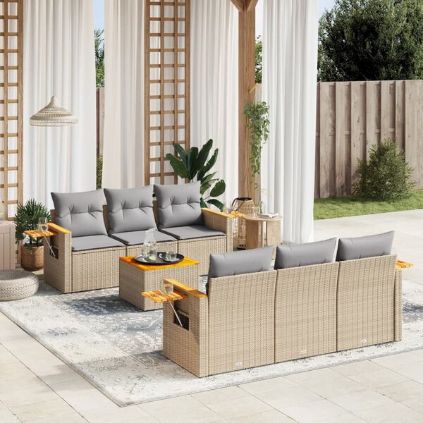 vidaXL 7-delige Loungeset met kussens poly rattan beige