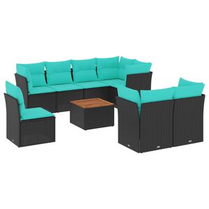 vidaXL 9-delige Loungeset met kussens poly rattan zwart