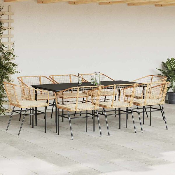 vidaXL 9-delige Tuinset met kussens poly rattan glas bruin