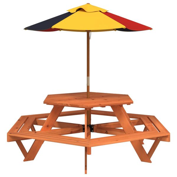 vidaXL Picknicktafel voor 4 kinderen met parasol zeshoekig vurenhout