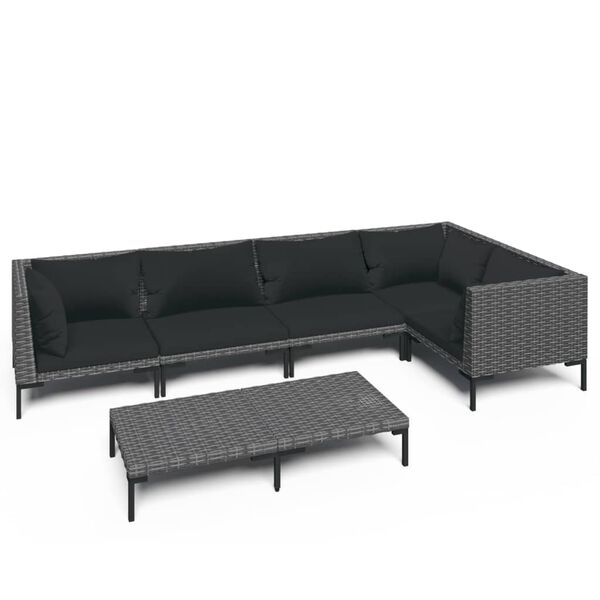 vidaXL 6-delige Loungeset met kussens poly rattan donkergrijs