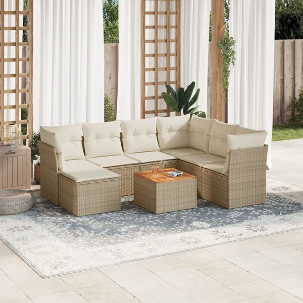 vidaXL 8-delige Loungeset met kussens poly rattan beige