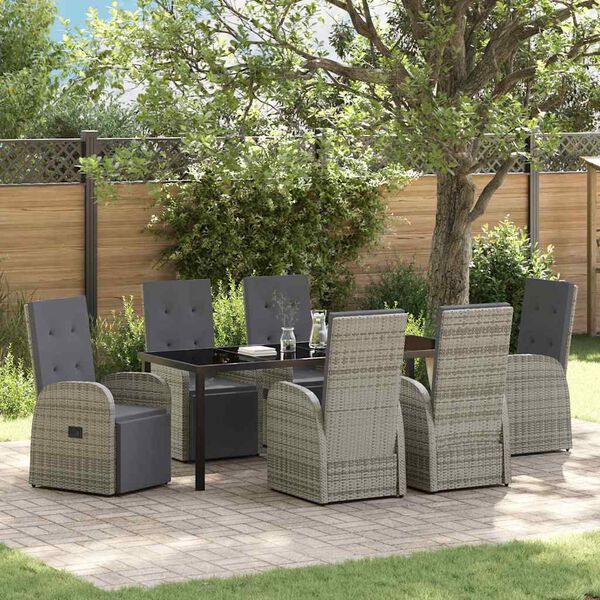 vidaXL Tuin eettafelset met kussen 7 pcs Grijs poly rattan