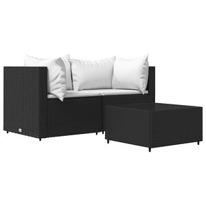 vidaXL 3-delige Loungeset met kussens poly rattan zwart
