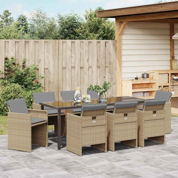 vidaXL Tuin eettafelset 9 pcs Beige poly rattan