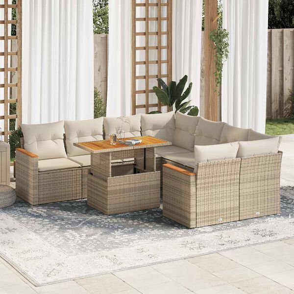 vidaXL 9-delige Loungeset met kussens poly rattan acacia beige