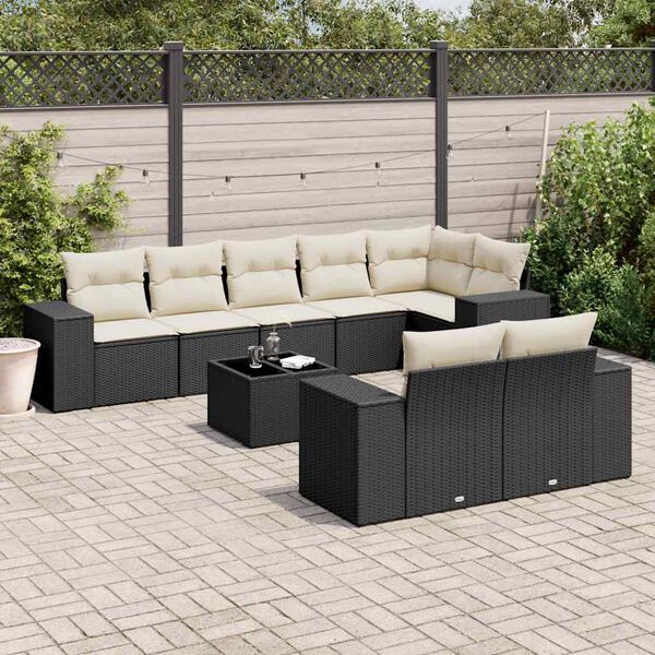 vidaXL 9-delige Loungeset met kussens poly rattan zwart