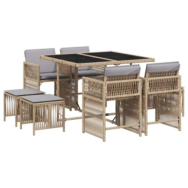 vidaXL 9-delige Tuinset met kussens poly rattan gemengd beige