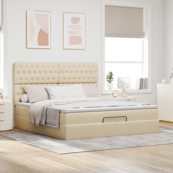 vidaXL Ottoman bed met matras en LED's 180x200cm stof cr&egrave;mekleurig