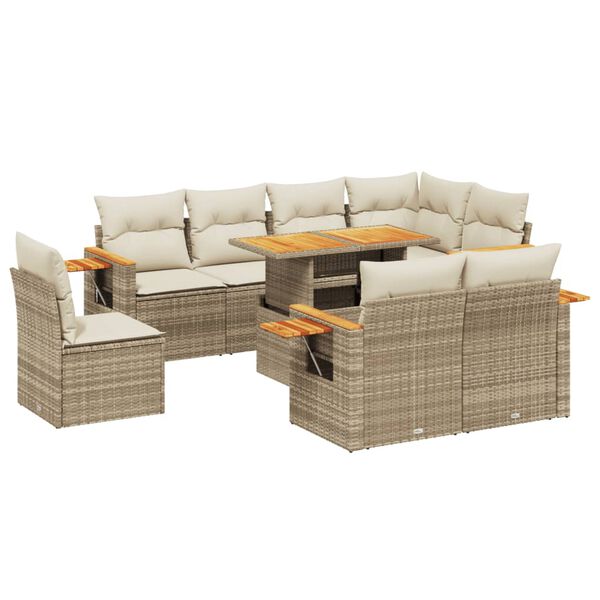 vidaXL 9-delige Loungeset met kussens poly rattan beige