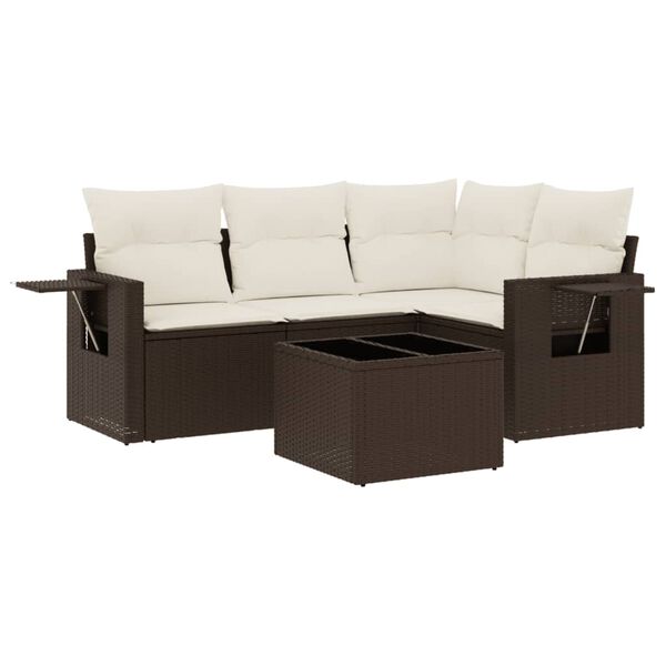 vidaXL 5-delige Loungeset met kussens poly rattan bruin