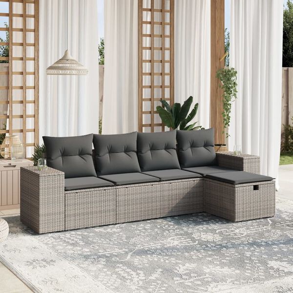 vidaXL 5-delige Loungeset met kussens poly rattan grijs