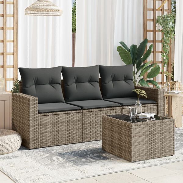 vidaXL 4-delige Loungeset met kussens poly rattan grijs