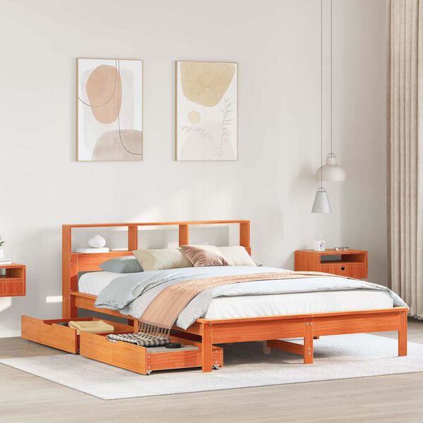 vidaXL Bed met boekenkast zonder matras grenenhout wasbruin 135x190 cm