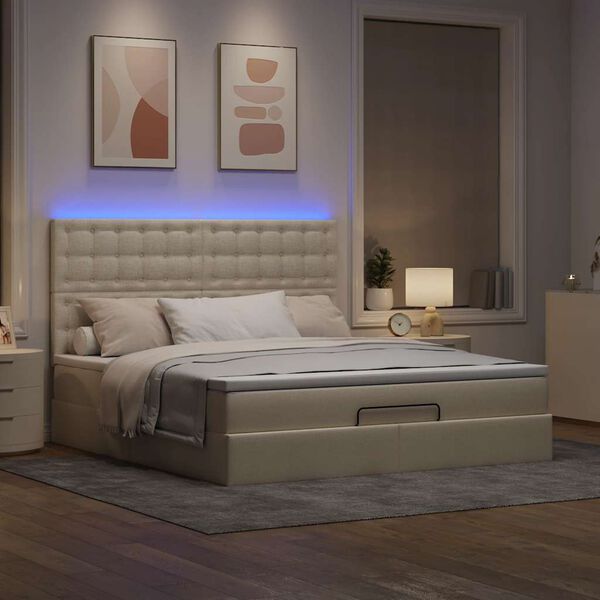vidaXL Ottoman bed met matras en LED's 180x200cm stof cr&egrave;mekleurig