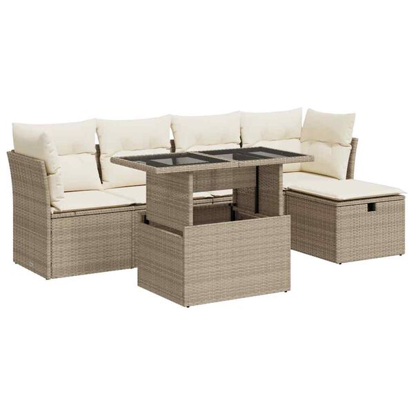 vidaXL 6-delige Loungeset met kussens poly rattan beige