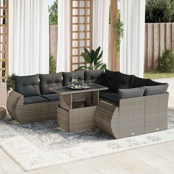 vidaXL 9-delige Loungeset met kussens poly rattan grijs