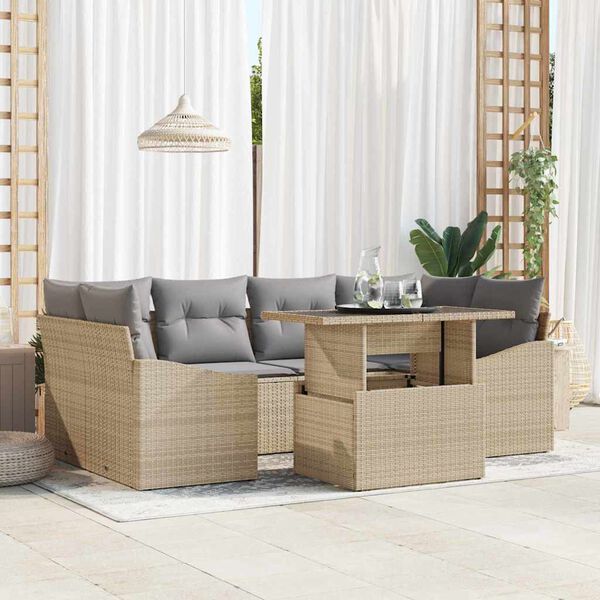 vidaXL Tuin Sofa Set met kussen met opslag 7 pcs Beige poly rattan