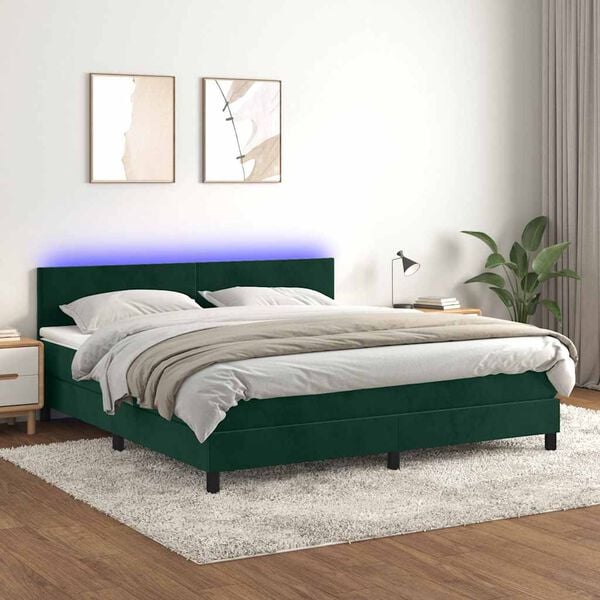 vidaXL Boxspring met matras en LED fluweel donkergroen 180x200 cm