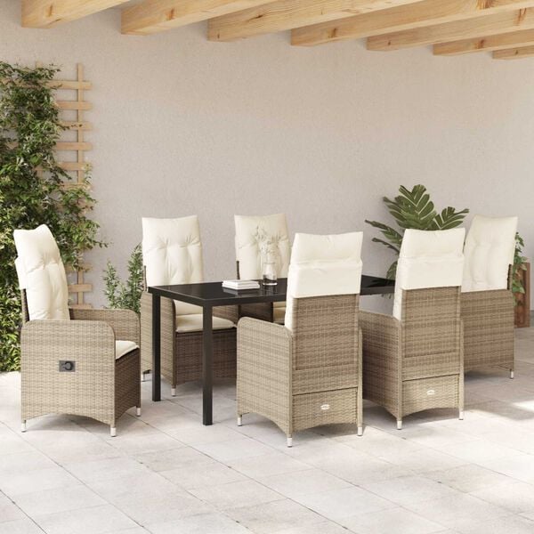 vidaXL Tuin Eetset met kussen 7 pcs Beige Poly riet