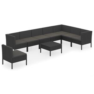 vidaXL 9-delige Loungeset met kussens poly rattan zwart