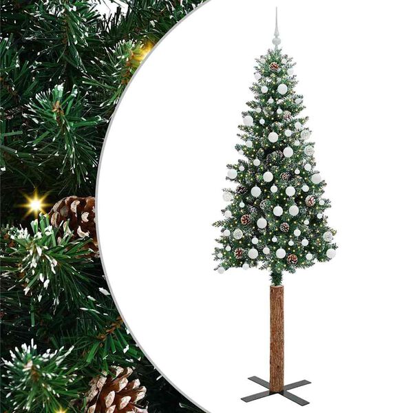 vidaXL Slanke Kerstboom Groen en Wit 210 cm PVC en massief dennenhout