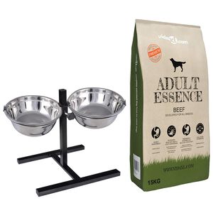 vidaXL Voerstand en kom met hondenvoer Zilver en Zwart 57,5 x 26 cm