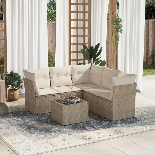 vidaXL 6-delige Loungeset met kussens poly rattan beige