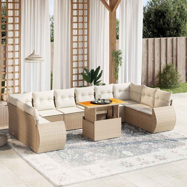 vidaXL 11-delige Tuinset met kussens poly rattan beige