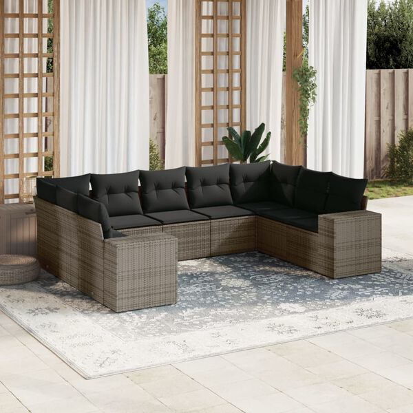 vidaXL 9-delige Loungeset met kussens poly rattan grijs