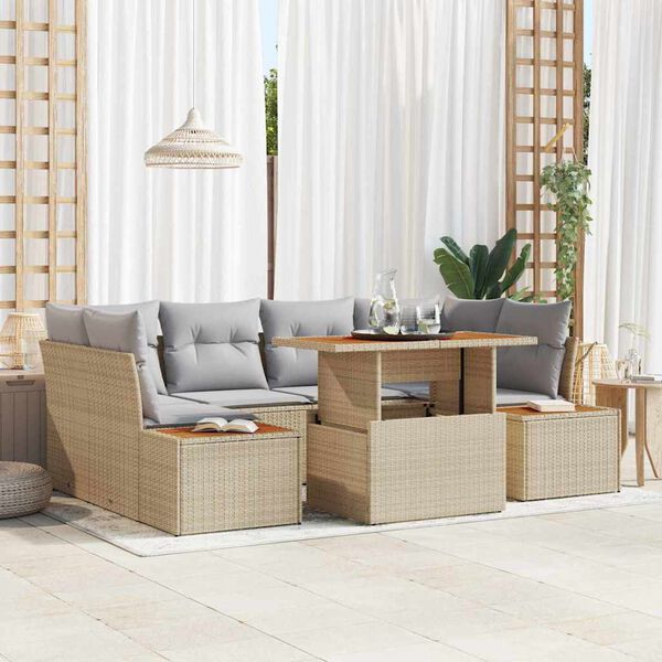 vidaXL Tuin Sofa Set met opslag 7 pcs Beige Poly riet