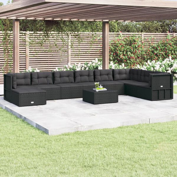 vidaXL 9-delige Loungeset met kussens poly rattan zwart