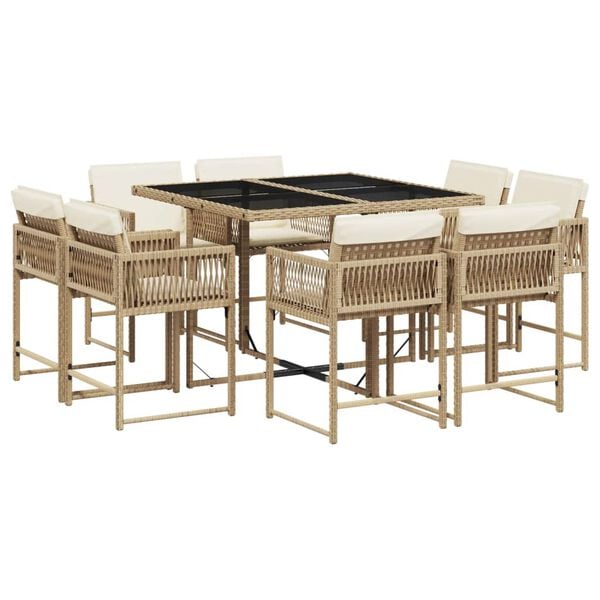 vidaXL 9-delige Tuinset met kussens poly rattan beige