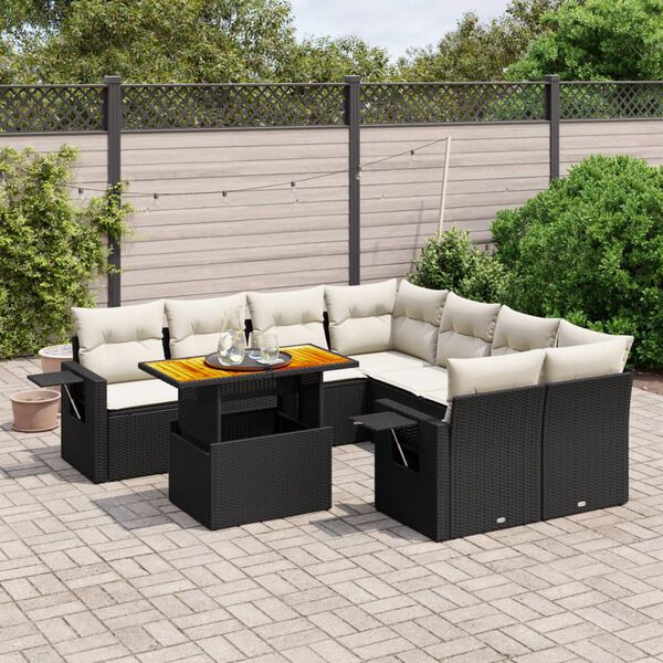 vidaXL 9-delige Loungeset met kussens poly rattan zwart