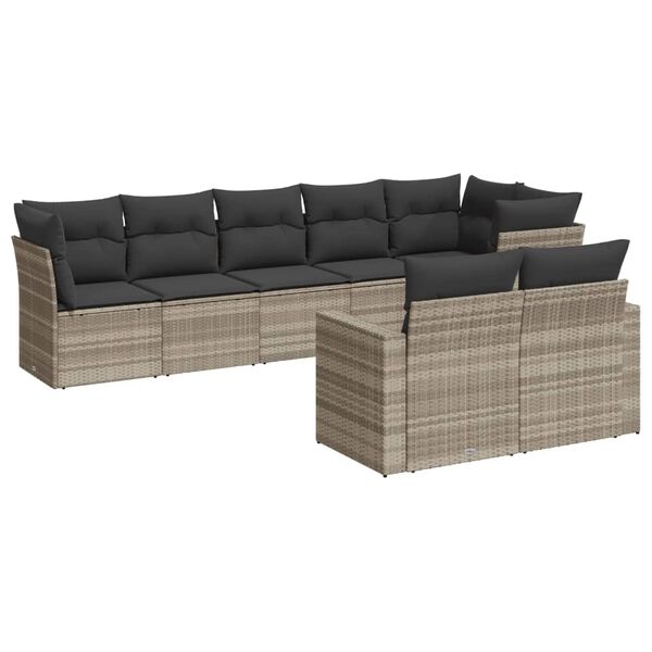 vidaXL 8-delige Loungeset met kussens poly rattan lichtgrijs