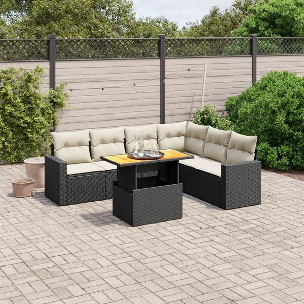 vidaXL 7-delige Loungeset met kussens poly rattan zwart