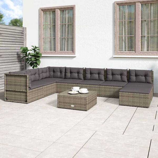 vidaXL 8-delige Loungeset met kussens poly rattan grijs