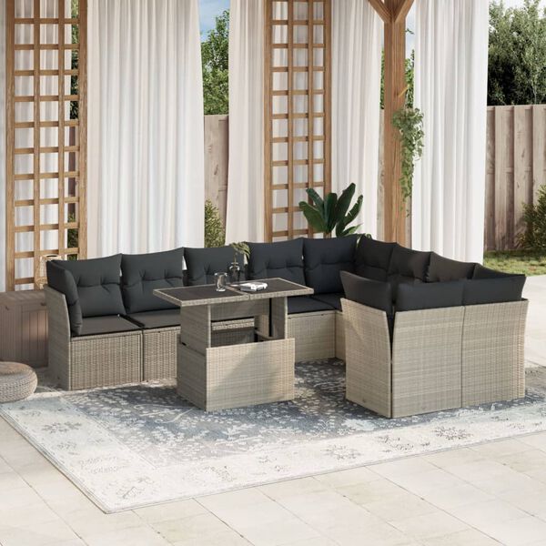 vidaXL 10-delige Loungeset met kussens poly rattan lichtgrijs